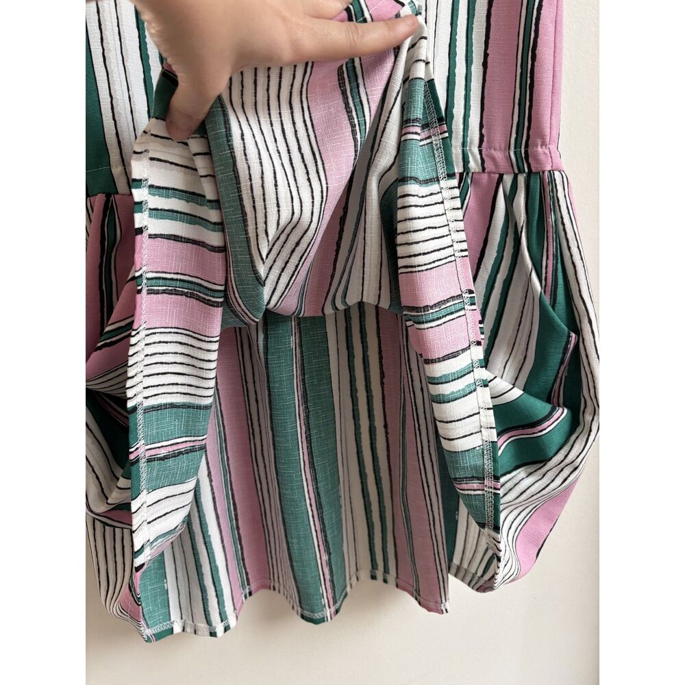 Retro Mod Pink Green Stripe Resort Mini Dress S Babydoll Drop Waist Pocket Twee - Picture 3 of 7